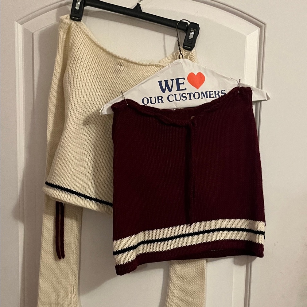 Elegant Off-the-Shoulder Burgundy and Cream Sweater/Skirt Set